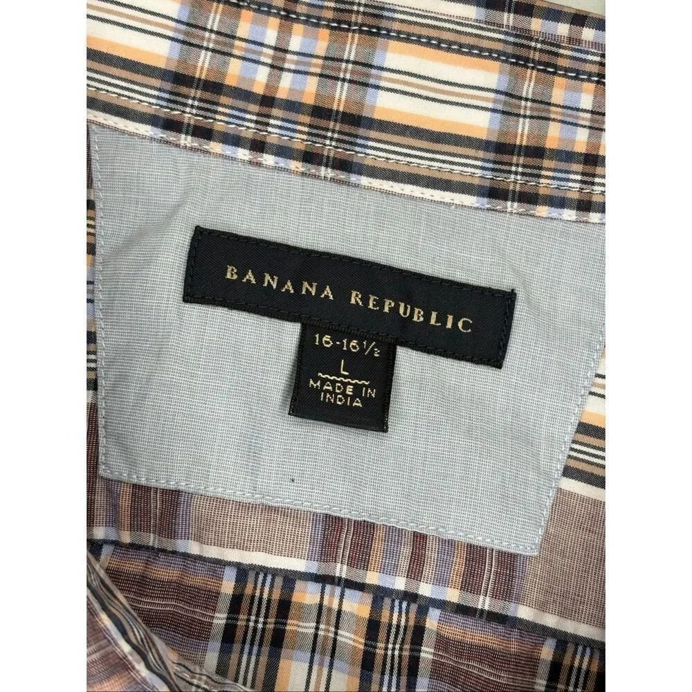 Banana Republic tan and black plaid cotton button down shirt - L